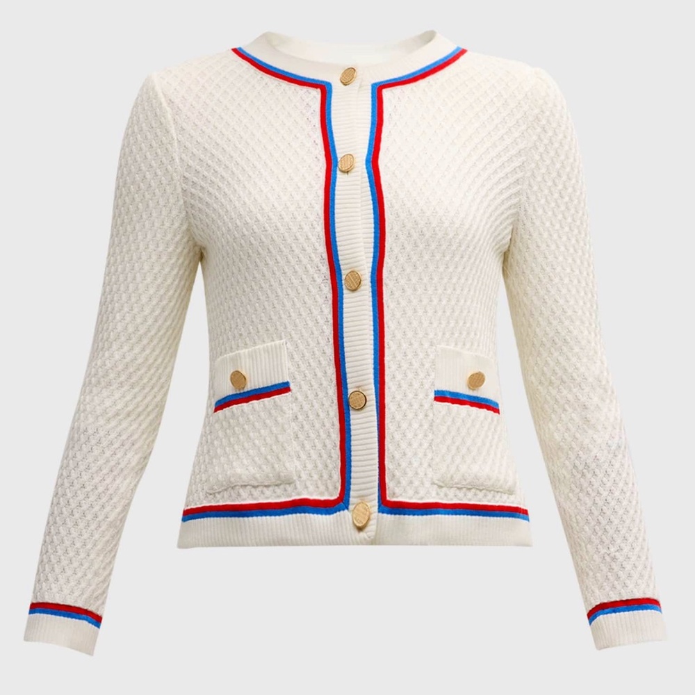 Misook Heritage Contrast-Trim Intarsia Ribbed Soft Knit Jacketing white new with